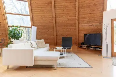a living room with a white couch and a tv at Dome 2Home Villa - Hot Tubs, Sauna & Piano in New Paltz