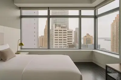 a bedroom with a white bed and a large window at W residence in New York