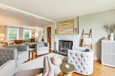 a living room filled with furniture and a fireplace at 1 Mi to Vineyard Serene Berkshires Country Escape in Richmond