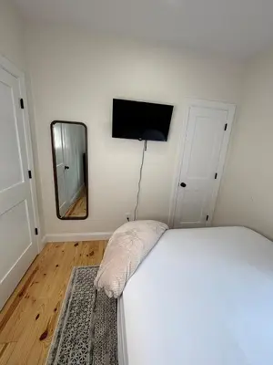 a bedroom with a bed and a mirror at 3 bedroom 1 bathroom apartment , free private parking in Schenectady