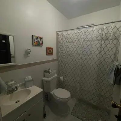 a bathroom with a shower and a toilet and a sink at Comodo y economico Apartamento in North Beach
