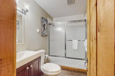 a bathroom with a shower and a toilet and a sink at Ski Haus Retreat - Unit A in Dover