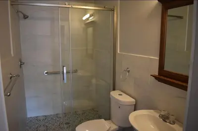 a bathroom with a shower and a toilet and a sink at Tannersville Village Rooms on Saw Mill Creek in Tannersville