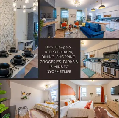 a collage of photos of a kitchen and a living room at Stylish 2 BD Apt-18 mins from NYC-Steps away Bus stop, Restaurants, Groceries in Jersey City