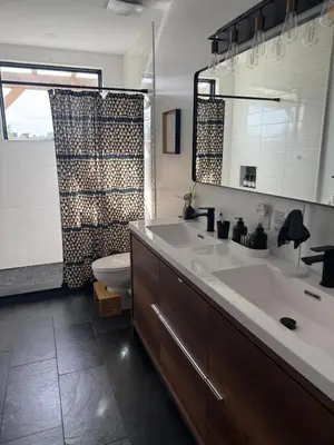 a bathroom with a sink and a toilet and a shower at Gray Owl Lodge- A Serene Lakefront Retreat on Sleepy Hollow Lake near Hudson NY in Athens