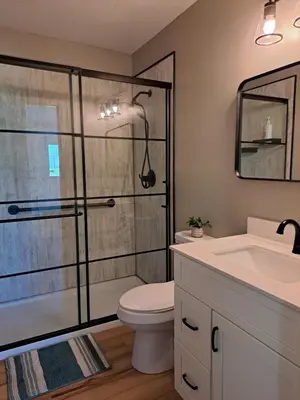 a bathroom with a shower and a toilet and a sink at Cozy Country Cottage in Norwich