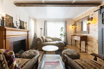 a living room with a couch and a fireplace at Cozy Cabin Style Apt Private 1st Flr 1 Bdrm in Torrington