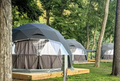 a row of tents in a park with trees at Cozy Mountain Dome Escape in the Catskills in Gilboa