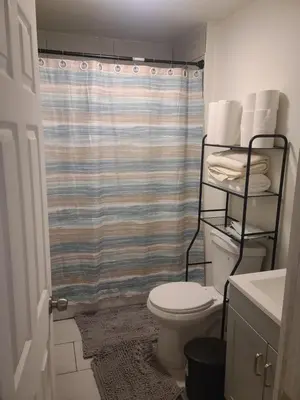 a bathroom with a toilet and a shower curtain at 3 bedrooms fully finished in Middletown