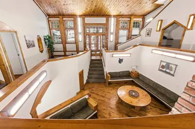an overhead view of the inside of a tiny house at 12BR Villa Near Mount Snow Sleeps 32 Hot Tub & Indoor Pool in Dover