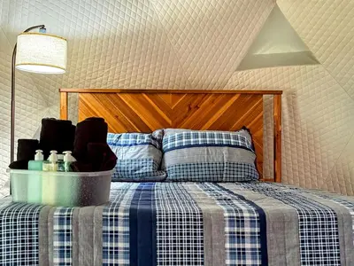 a bedroom with a bed with a blue and white checked blanket at Boutique Glamping Dome in the Catskill Mountains in Gilboa