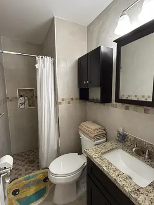 a bathroom with a toilet and a sink and a mirror at NYC Bayside LIRR Cozy Suite in Bayside