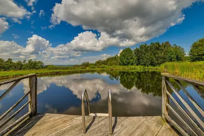a dock with a view of a lake at Pet-Friendly Catskills Home with Serene Pond! in Jefferson