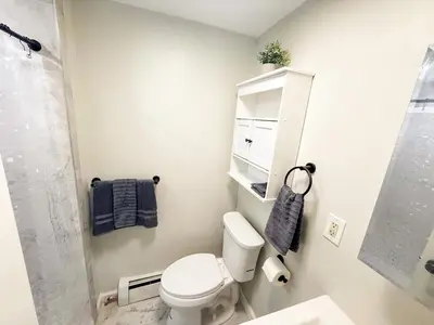 a bathroom with a toilet and a sink and a shower at Town & Country Andover, NJ Area- Studio Unit in Newton