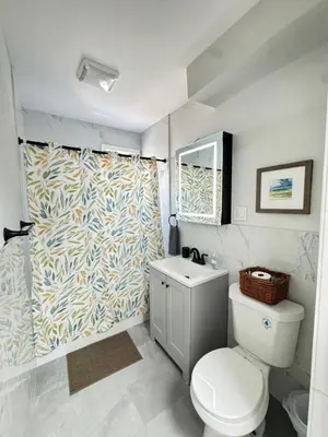 a bathroom with a toilet and a shower curtain at Yale Casa Baya in New Haven
