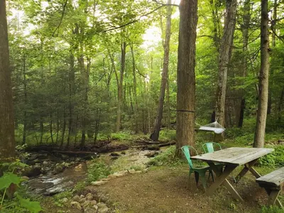 a picnic table and chairs sitting next to a creek at Gunn Brook Mountain House in Cornwall