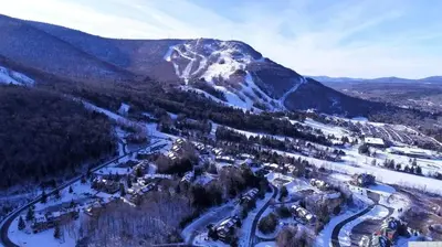 an aerial view of a ski resort in the mountains at Cozy Downtown Hunter Mountain Getaway in Hunter