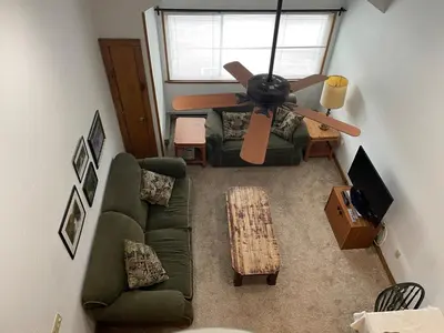 an overhead view of a living room with a ceiling fan at Cozy Downtown Hunter Mountain Getaway in Hunter