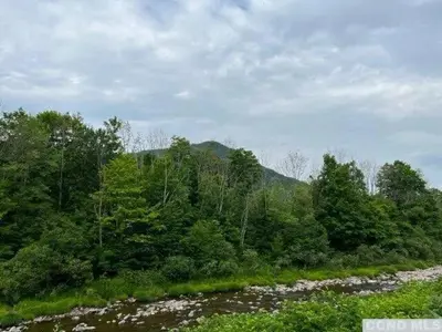 a river in the middle of a field with trees at Cozy Downtown Hunter Mountain Getaway in Hunter