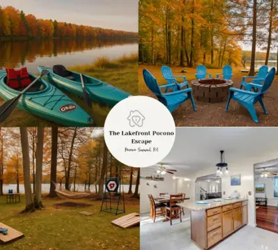 a collage of photos with a kayak and a lake at The Lakefront Pocono Escape in Pocono Summit