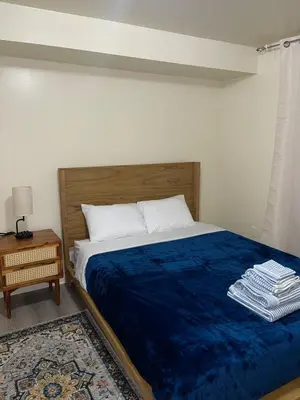 a bedroom with a bed with a blue blanket at Cozy 2 Bedrooms 1and half Bathrooms Near Prudential with Parking Entire Apartment in Newark