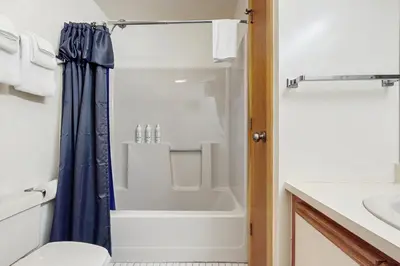 a bathroom with a shower and a toilet and a sink at Haystack 32 in Wilmington