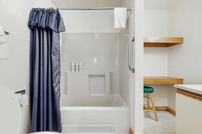 a bathroom with a tub and a shower curtain at Haystack 32 in Wilmington