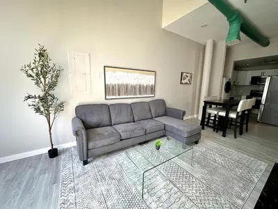 a living room with a couch and a table at Private Entrance Cozy Apt Bright Modern in Albany