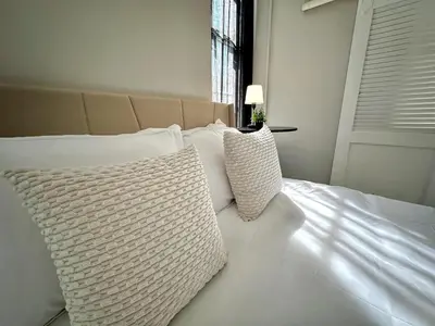 a white bed with two pillows on top of it at Private Entrance Cozy Apt Bright Modern in Albany