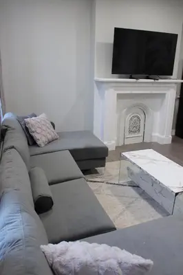 a living room with a couch and a fireplace at Beautiful 2 BED 2 BATH Soaker Tub in Albany