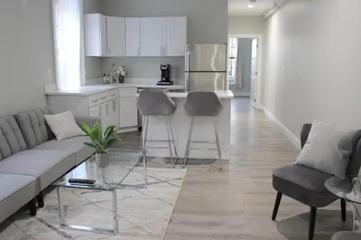 a living room with a couch and a kitchen at WOW Bright Apt PRIME downtown Walk Everywhere in Albany