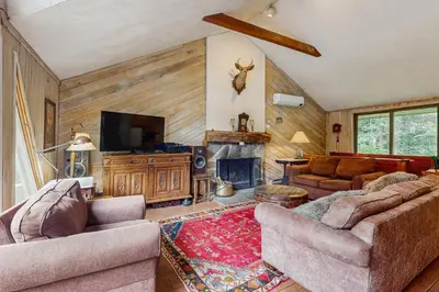 a living room with two couches and a fireplace at Ahmeek Retreat in Dover