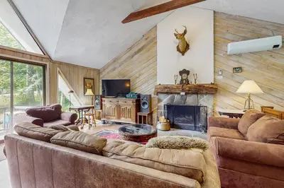 a living room with a couch and a fireplace at Ahmeek Retreat in Dover