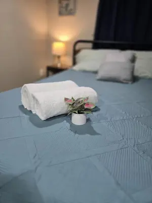 two towels and a plant on a bed at The Nook Suite in Hackensack