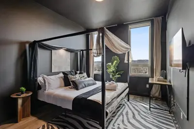 a bedroom with a canopy bed and a rug at Luxe 1br- Free Parking-King Bed in East Orange