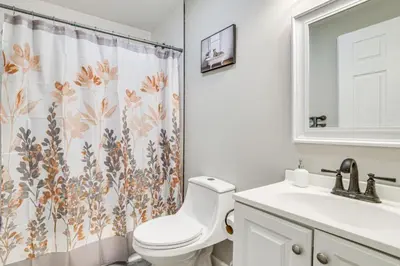 a bathroom with a toilet and a shower curtain at Family Cabin with Hot Tub Game Room Tobyhanna in Tobyhanna