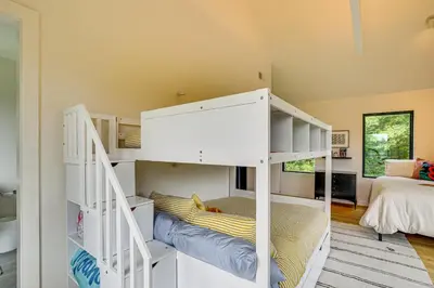a bunk bed room with white bunk beds at On-Site Sledding! Hudson Valley Winter Escape in Pine Plains