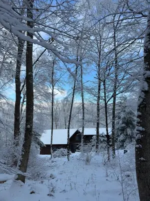 a cabin in the woods covered in snow at Perfect Vermont Battenkill Log Cabin in Arlington