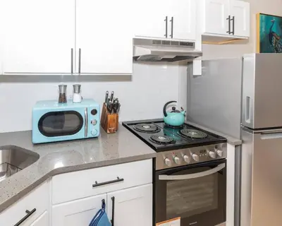 a kitchen with a stove and a microwave at Albany Studio with Kitchen, WiFi, Gym and Game Room Near Capitol in Albany