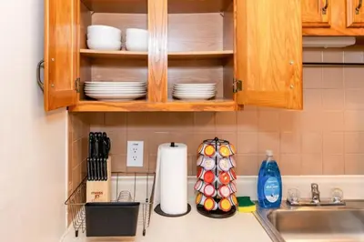 a kitchen counter with a sink and cabinets with dishes at Spacious 1-Bedroom Condo with Kitchen, Free Parking and Fitness Center in Albany