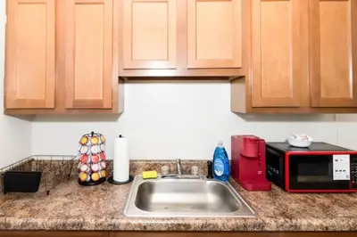 a kitchen counter with a sink and a microwave at Spacious 1-Bedroom Condo with Kitchen, Free Parking and Fitness Center in Albany
