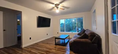 a living room with a couch and a flat screen tv at Views, Pines & Perfect Vibes in Middleburgh