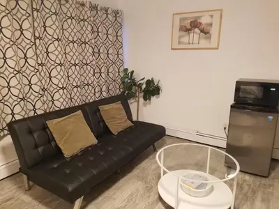 a black couch in a living room with a table at Roslyn Room 1 Private Bathroom in Roslyn
