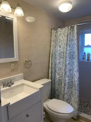 a bathroom with a toilet and a sink and a shower at Cozy1B1B W Private Entrance in Jericho