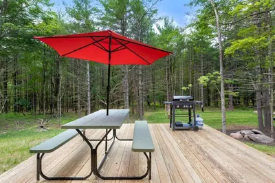 a picnic table with a red umbrella and a grill at Modern Family Retreat in the Catskills Wilderness in Round Top