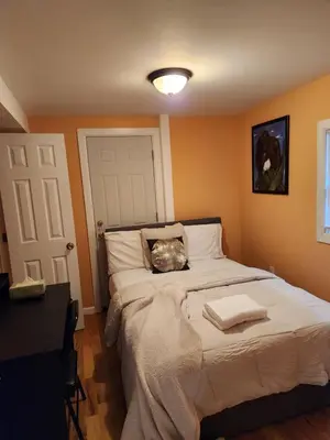 a bedroom with a bed with a cat pillow on it at Unique Home Rentals For Professionals in Baychester