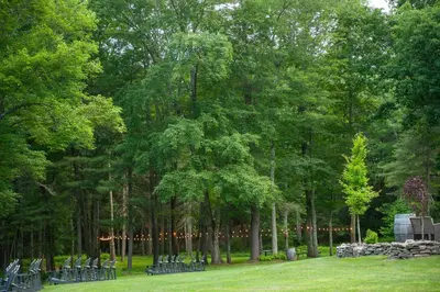 a row of trees with chairs in a park at A perfect couples fall getaway in Hawley