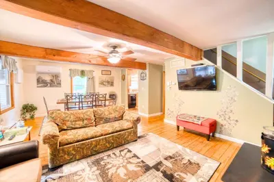 a living room with a couch and a tv at 1mi to Lake Wallenpaupack | Firepit | Pet Friendly in Greentown