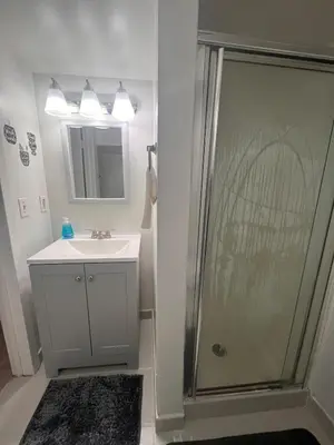 a bathroom with a shower and a sink at Spacious Family-friendly Apartment in New Haven