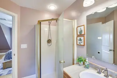 a bathroom with a shower and a sink at New Milford Home 29 Mi to Lime Rock Park! in New Milford